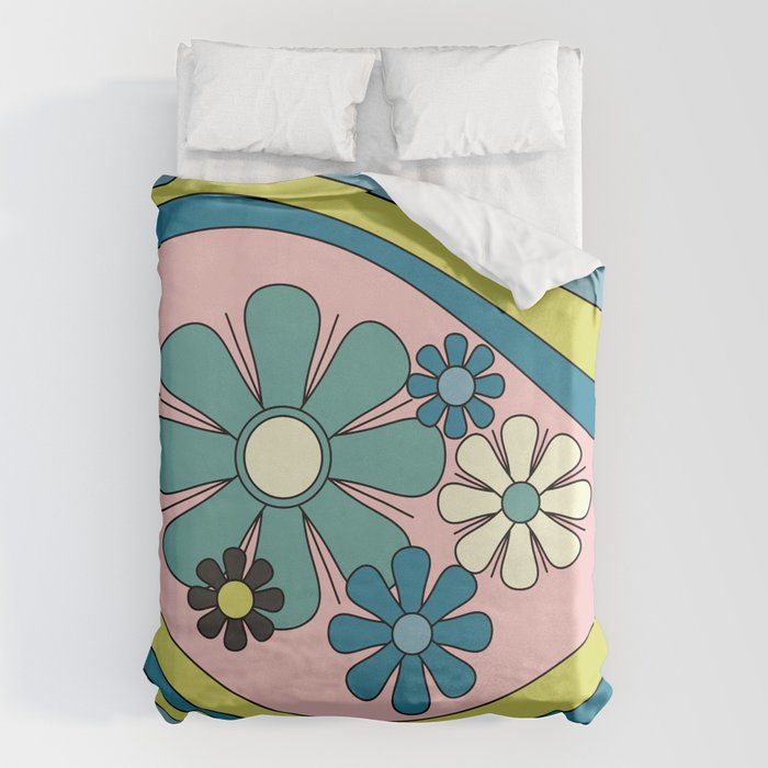 Groovy Floral Daydream Retro 60s 70s Flowers Blue Pink Chartreuse Duvet Cover Gallery Image 6
