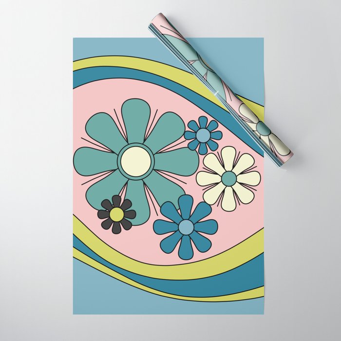 Groovy Floral Daydream Retro 60s 70s Flowers Blue Pink Chartreuse Wrapping Paper Gallery Image 1