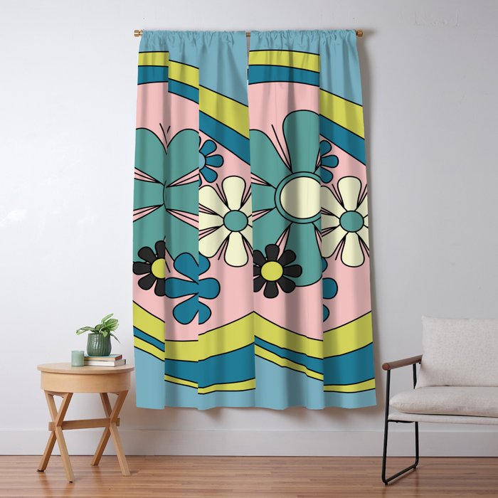 Groovy Floral Daydream Retro 60s 70s Flowers Blue Pink Chartreuse Window Curtain Gallery Image 5