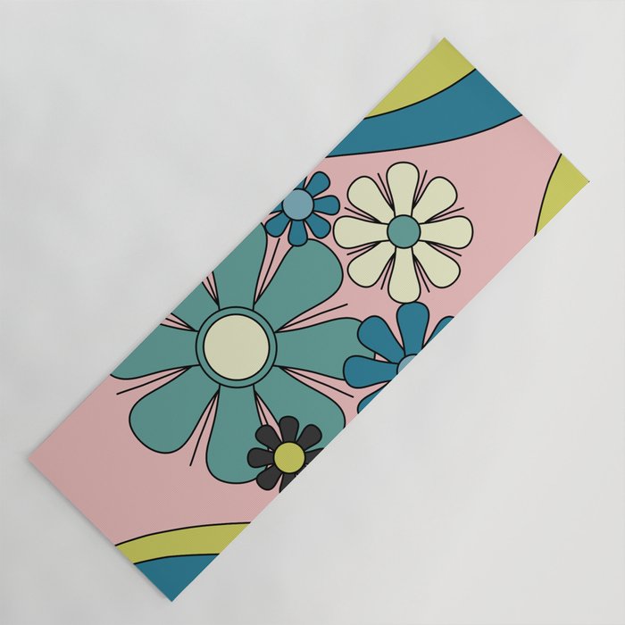 Groovy Floral Daydream Retro 60s 70s Flowers Blue Pink Chartreuse Yoga Mat Gallery Image 1