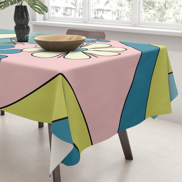 Groovy Floral Daydream Retro 60s 70s Flowers Blue Pink Chartreuse Tablecloth Gallery Image 3