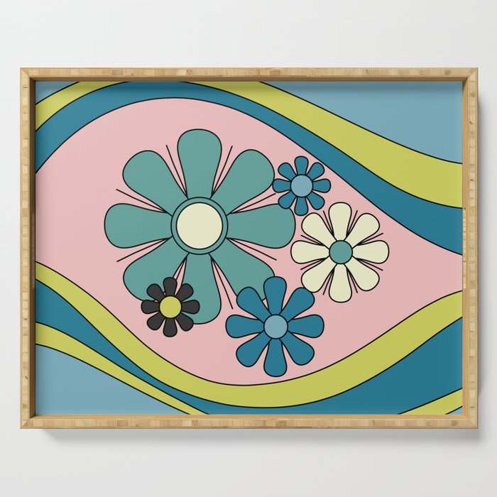 Groovy Floral Daydream Retro 60s 70s Flowers Blue Pink Chartreuse Serving Tray Gallery Image 1