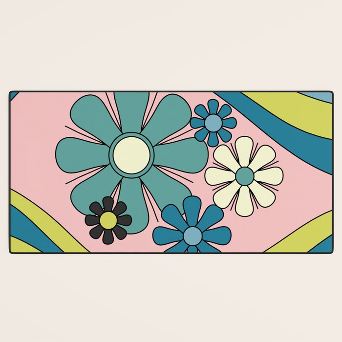 Groovy Floral Daydream Retro 60s 70s Flowers Blue Pink Chartreuse Desk Mat Gallery Image 3