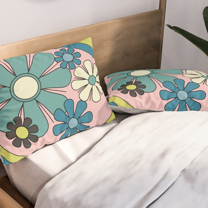 Groovy Floral Daydream Retro 60s 70s Flowers Blue Pink Chartreuse Pillow Sham Gallery Image 2