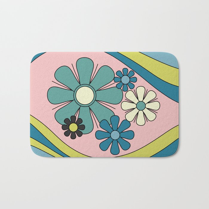 Groovy Floral Daydream Retro 60s 70s Flowers Blue Pink Chartreuse Bath Mat Gallery Image 1