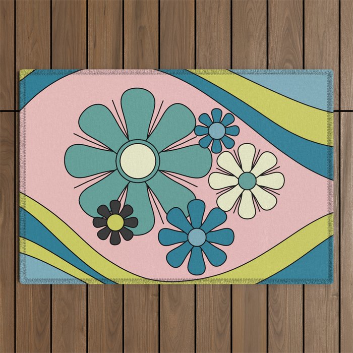 Groovy Floral Daydream Retro 60s 70s Flowers Blue Pink Chartreuse Outdoor Rug Gallery Image 1