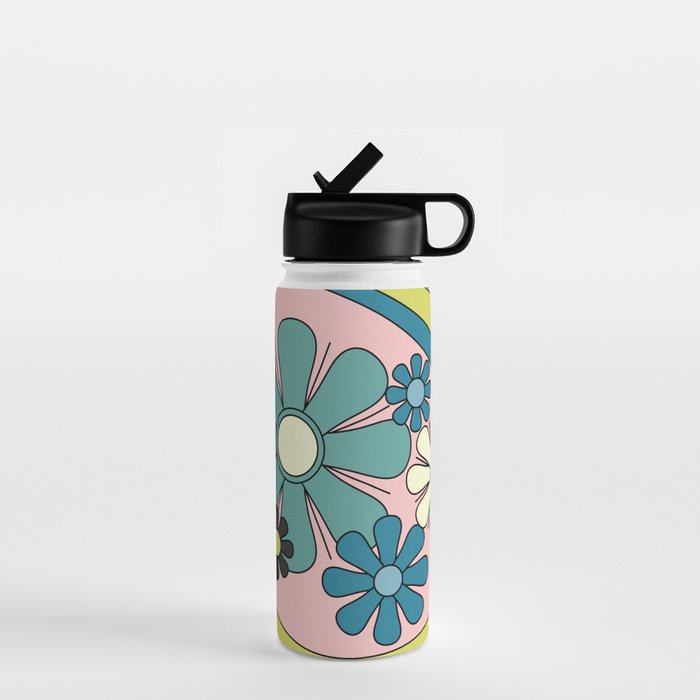 Groovy Floral Daydream Retro 60s 70s Flowers Blue Pink Chartreuse Water Bottle Gallery Image 1