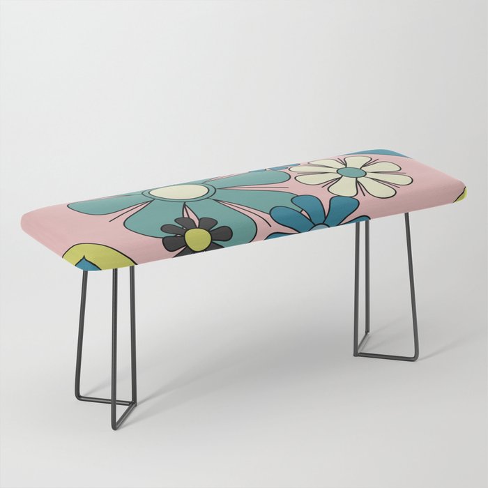Groovy Floral Daydream Retro 60s 70s Flowers Blue Pink Chartreuse Bench Gallery Image 1