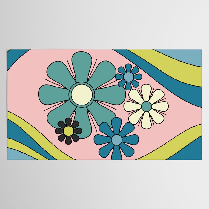 Groovy Floral Daydream Retro 60s 70s Flowers Blue Pink Chartreuse Tablecloth Gallery Image 2