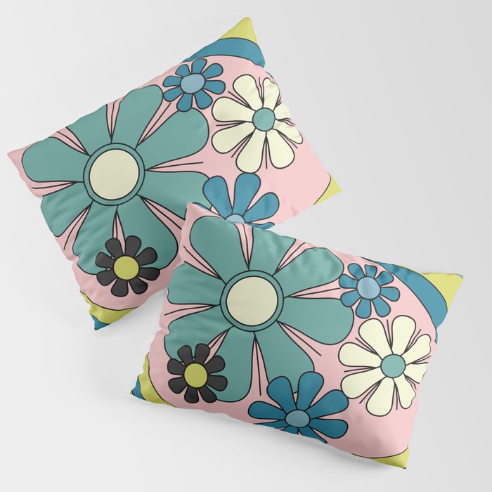 Groovy Floral Daydream Retro 60s 70s Flowers Blue Pink Chartreuse Pillow Sham Gallery Image 1