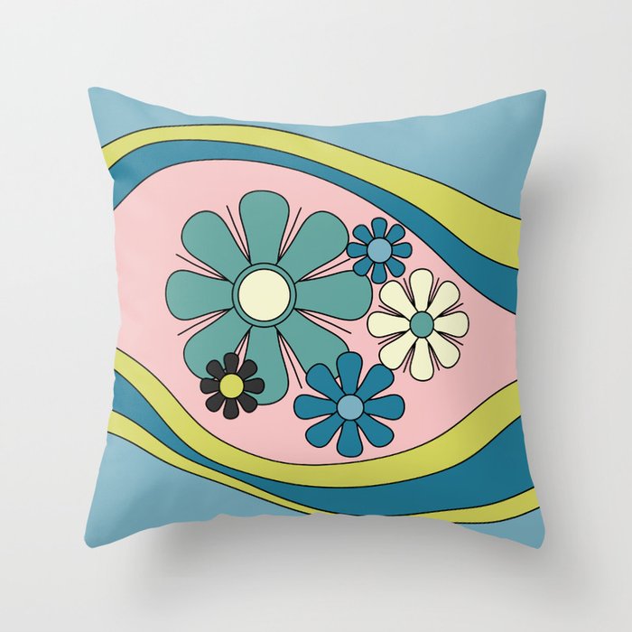 Groovy Floral Daydream Retro 60s 70s Flowers Blue Pink Chartreuse Throw Pillow Gallery Image 6