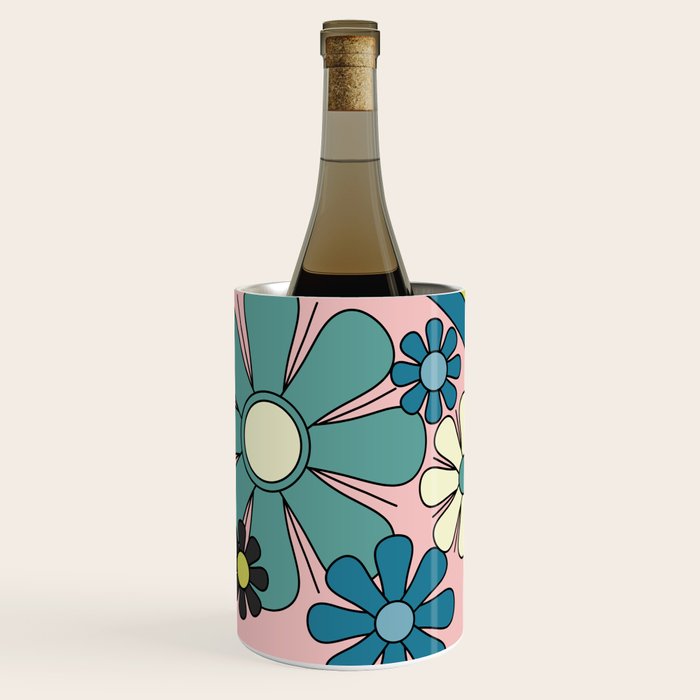 Groovy Floral Daydream Retro 60s 70s Flowers Blue Pink Chartreuse Wine Chiller Gallery Image 1