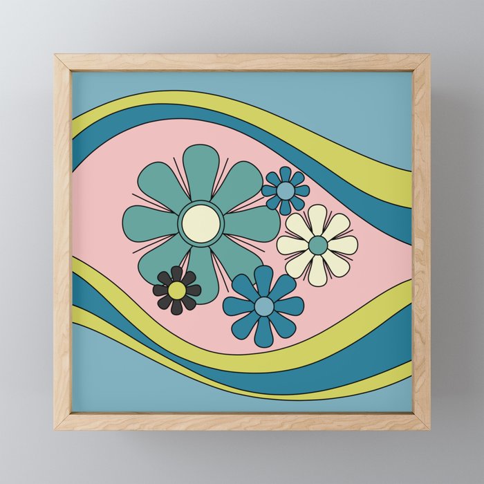 Groovy Floral Daydream Retro 60s 70s Flowers Blue Pink Chartreuse Mini Art Print Gallery Image 1