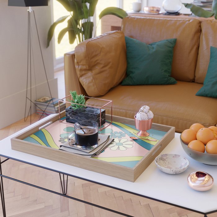 Groovy Floral Daydream Retro 60s 70s Flowers Blue Pink Chartreuse Serving Tray Gallery Image 2