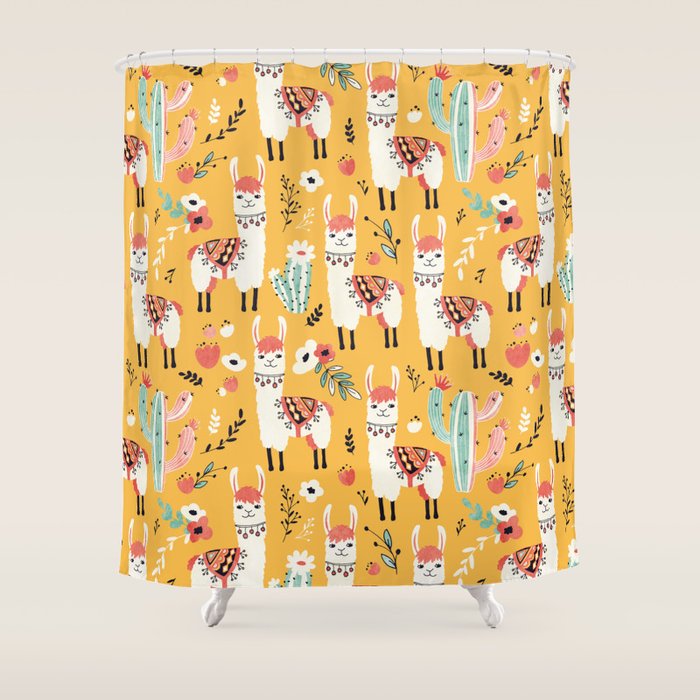 White Llama with flowers Shower Curtain Gallery Image 1