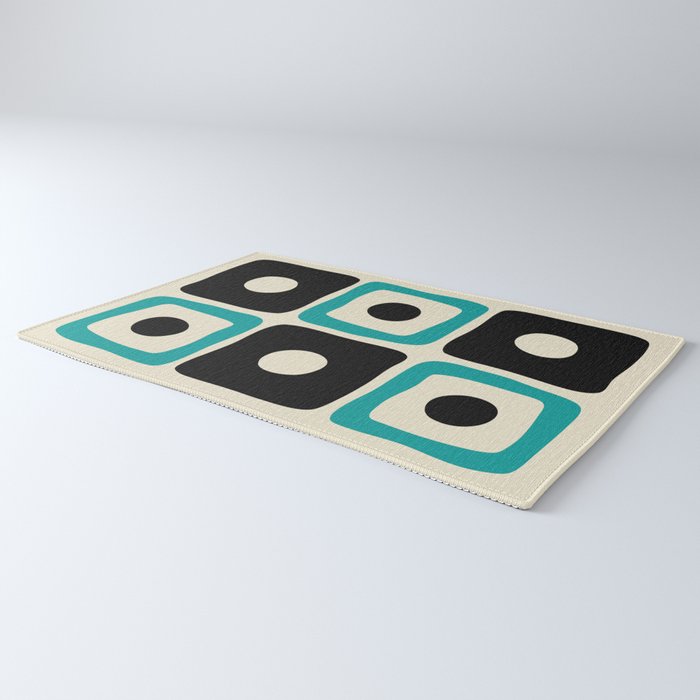 Mid Century Modern Square Dot Pattern 593 Black and Turquoise Rug Gallery Image 3