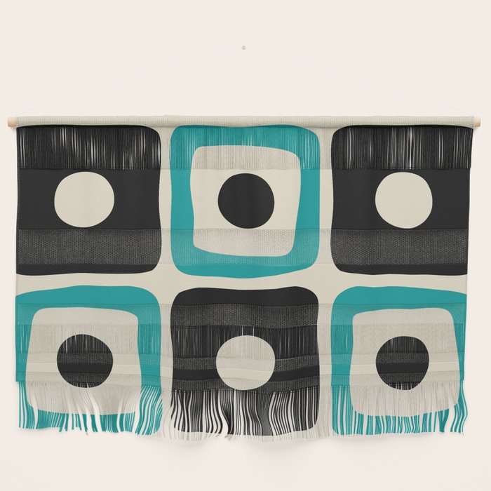 Mid Century Modern Square Dot Pattern 593 Black and Turquoise Wall Hanging Gallery Image 1