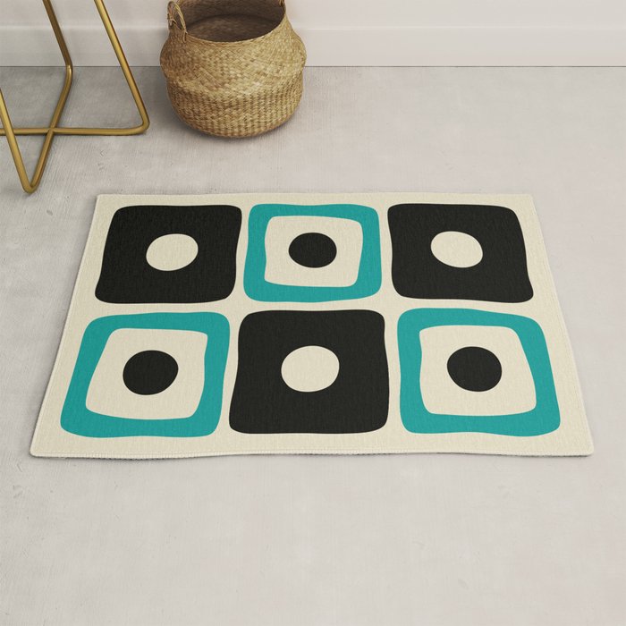 Mid Century Modern Square Dot Pattern 593 Black and Turquoise Rug Gallery Image 1