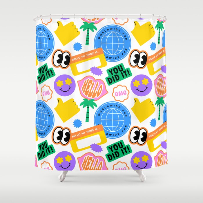 Retro cartoon sticker label pattern Shower Curtain Gallery Image 1