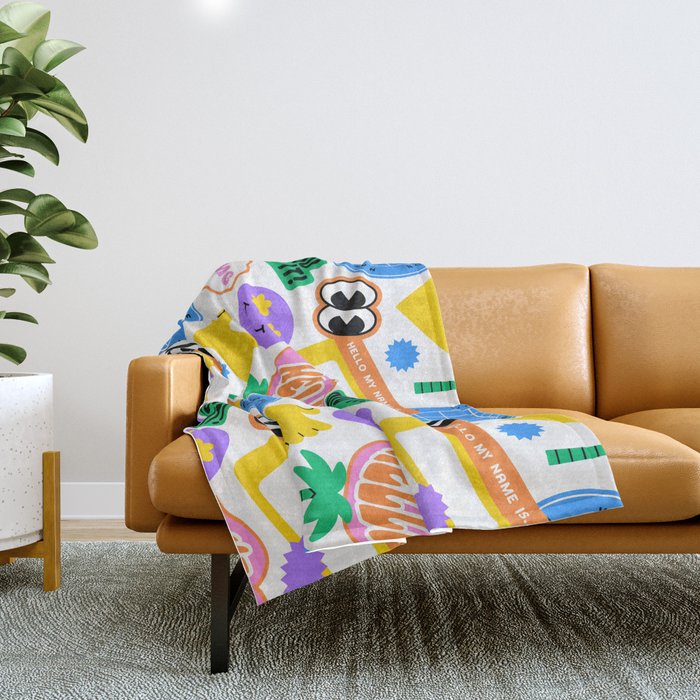 Retro cartoon sticker label pattern Throw Blanket Gallery Image 1