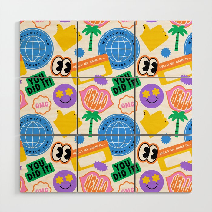 Retro cartoon sticker label pattern Wood Wall Art Gallery Image 1