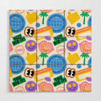 Retro cartoon sticker label pattern Wood Wall Art Gallery Image 1