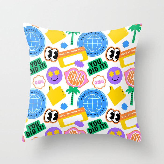Retro cartoon sticker label pattern Throw Pillow Gallery Image 6