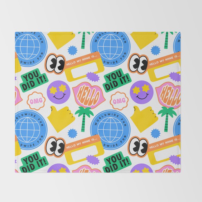 Retro cartoon sticker label pattern Throw Blanket Gallery Image 2