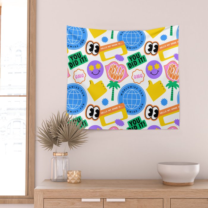 Retro cartoon sticker label pattern Wall Tapestry Gallery Image 2
