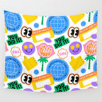 Retro cartoon sticker label pattern Wall Tapestry Gallery Image 4