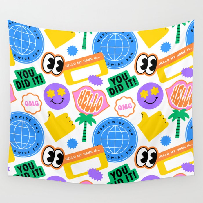 Retro cartoon sticker label pattern Wall Tapestry Gallery Image 4
