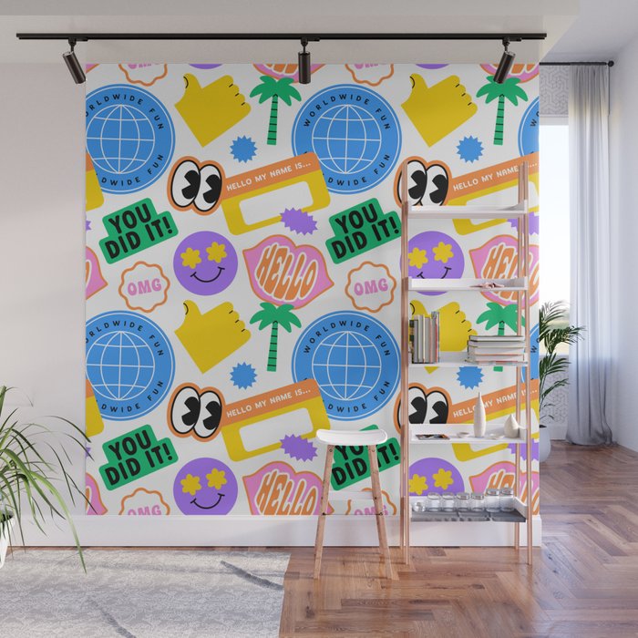 Retro cartoon sticker label pattern Wall Mural Gallery Image 1