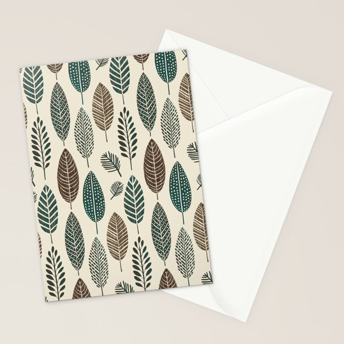 Rustic Autumn Vibe Textured Leaf Pattern Beige Green Stationery Card Gallery Image 2