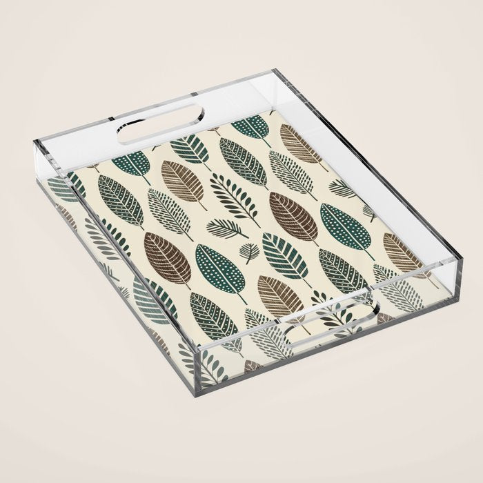Rustic Autumn Vibe Textured Leaf Pattern Beige Green Acrylic Tray Gallery Image 1