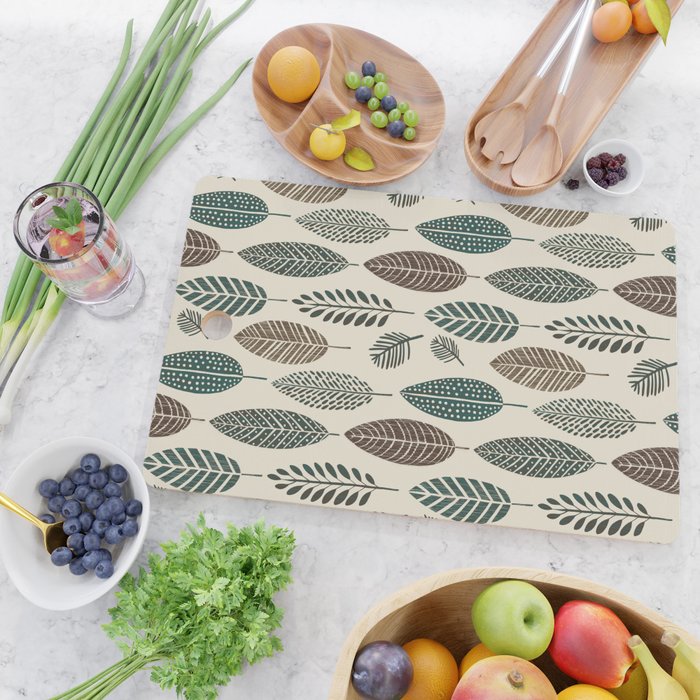 Rustic Autumn Vibe Textured Leaf Pattern Beige Green Cutting Board Gallery Image 2