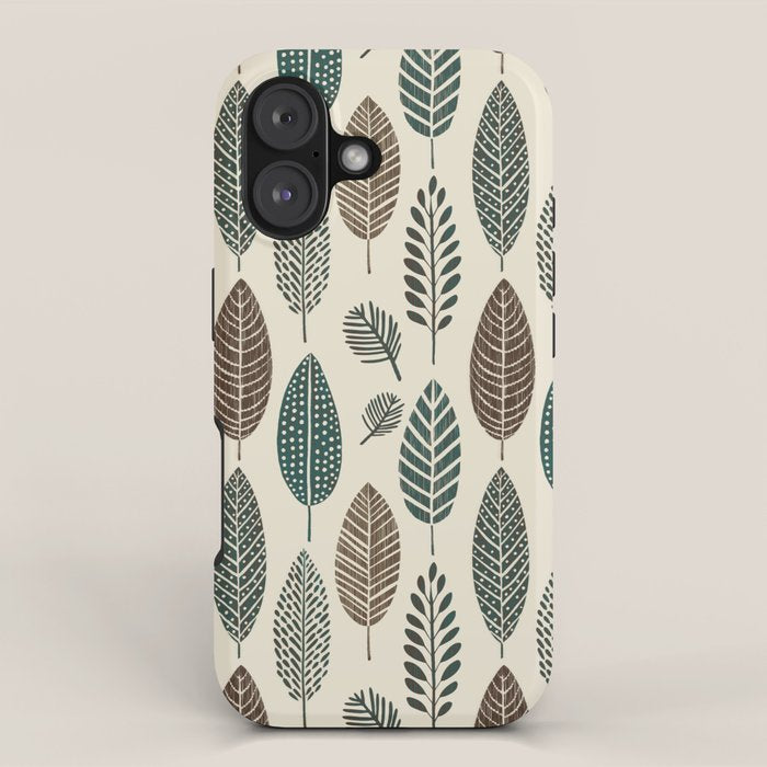 Rustic Autumn Vibe Textured Leaf Pattern Beige Green iPhone Case Gallery Image 1