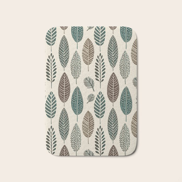 Rustic Autumn Vibe Textured Leaf Pattern Beige Green Bath Mat Gallery Image 1