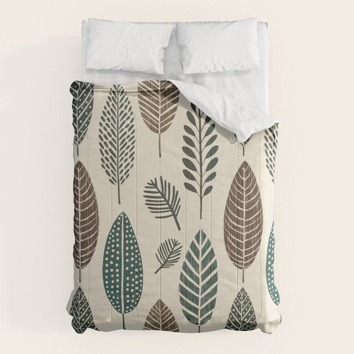 Rustic Autumn Vibe Textured Leaf Pattern Beige Green Comforter Gallery Image 6