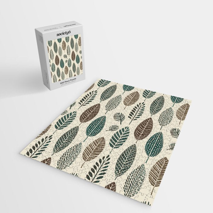 Rustic Autumn Vibe Textured Leaf Pattern Beige Green Jigsaw Puzzle Gallery Image 2