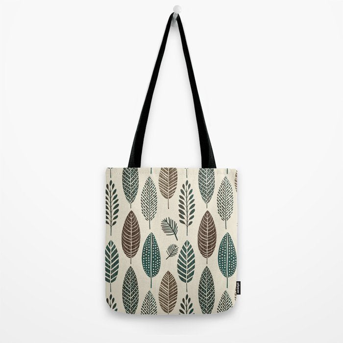 Rustic Autumn Vibe Textured Leaf Pattern Beige Green Tote Bag Gallery Image 2