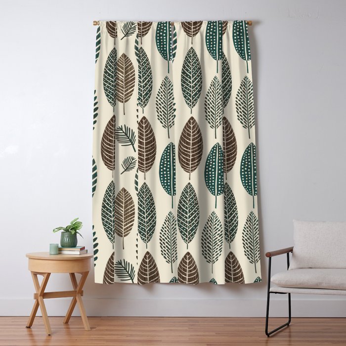 Rustic Autumn Vibe Textured Leaf Pattern Beige Green Window Curtain Gallery Image 5