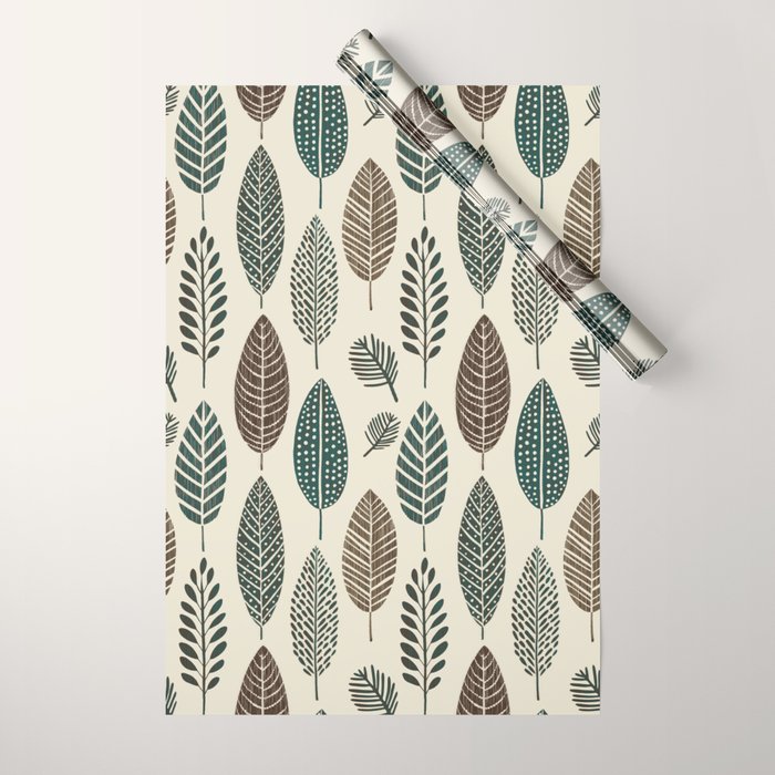 Rustic Autumn Vibe Textured Leaf Pattern Beige Green Wrapping Paper Gallery Image 1