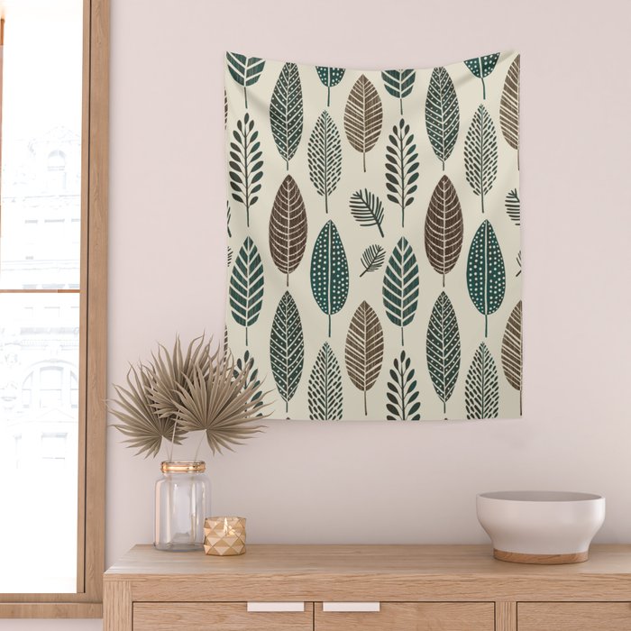 Rustic Autumn Vibe Textured Leaf Pattern Beige Green Wall Tapestry Gallery Image 2