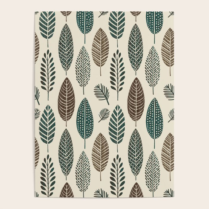 Rustic Autumn Vibe Textured Leaf Pattern Beige Green Poster Gallery Image 1