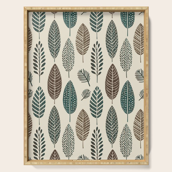 Rustic Autumn Vibe Textured Leaf Pattern Beige Green Serving Tray Gallery Image 1