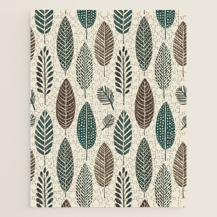 Rustic Autumn Vibe Textured Leaf Pattern Beige Green Jigsaw Puzzle Gallery Image 1