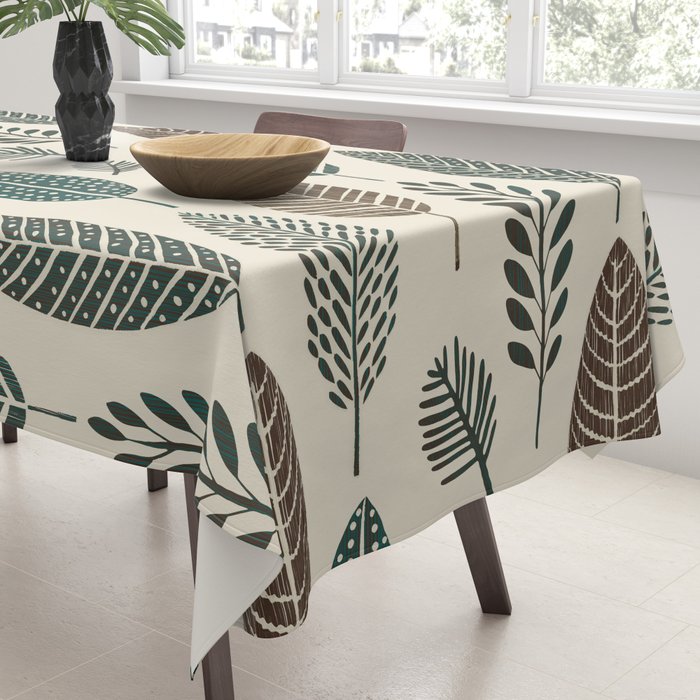 Rustic Autumn Vibe Textured Leaf Pattern Beige Green Tablecloth Gallery Image 3