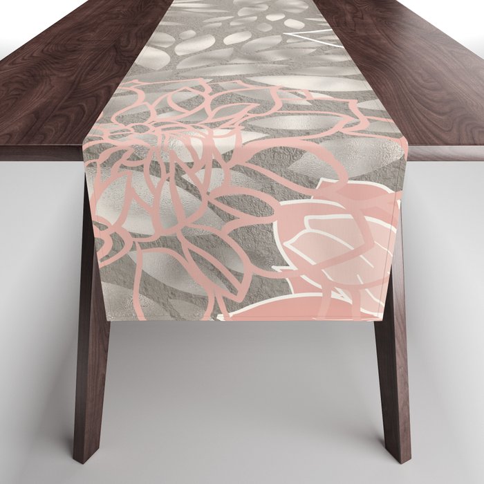 Festive, Floral Pattern Dahlias, Pink, Gray, White Table Runner Gallery Image 1