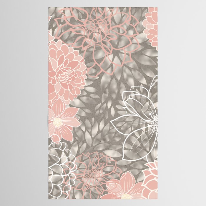 Festive, Floral Pattern Dahlias, Pink, Gray, White Tablecloth Gallery Image 2