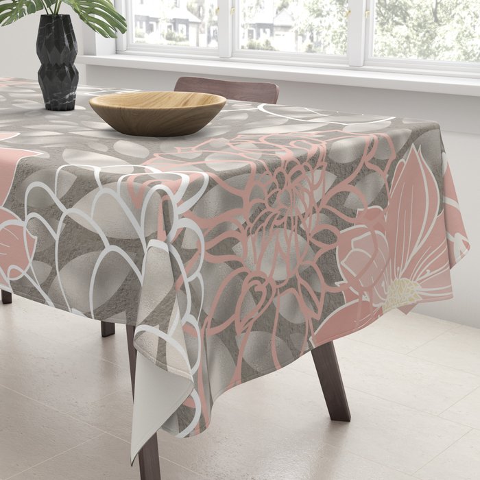 Festive, Floral Pattern Dahlias, Pink, Gray, White Tablecloth Gallery Image 3